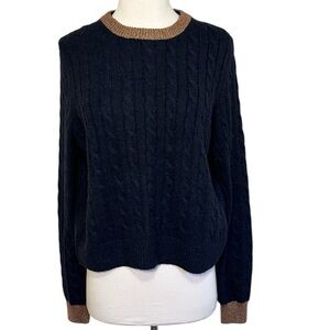 Boden Navy Cable Knit Wool Alpaca blend knit Brown metallic trim sweater sz 10